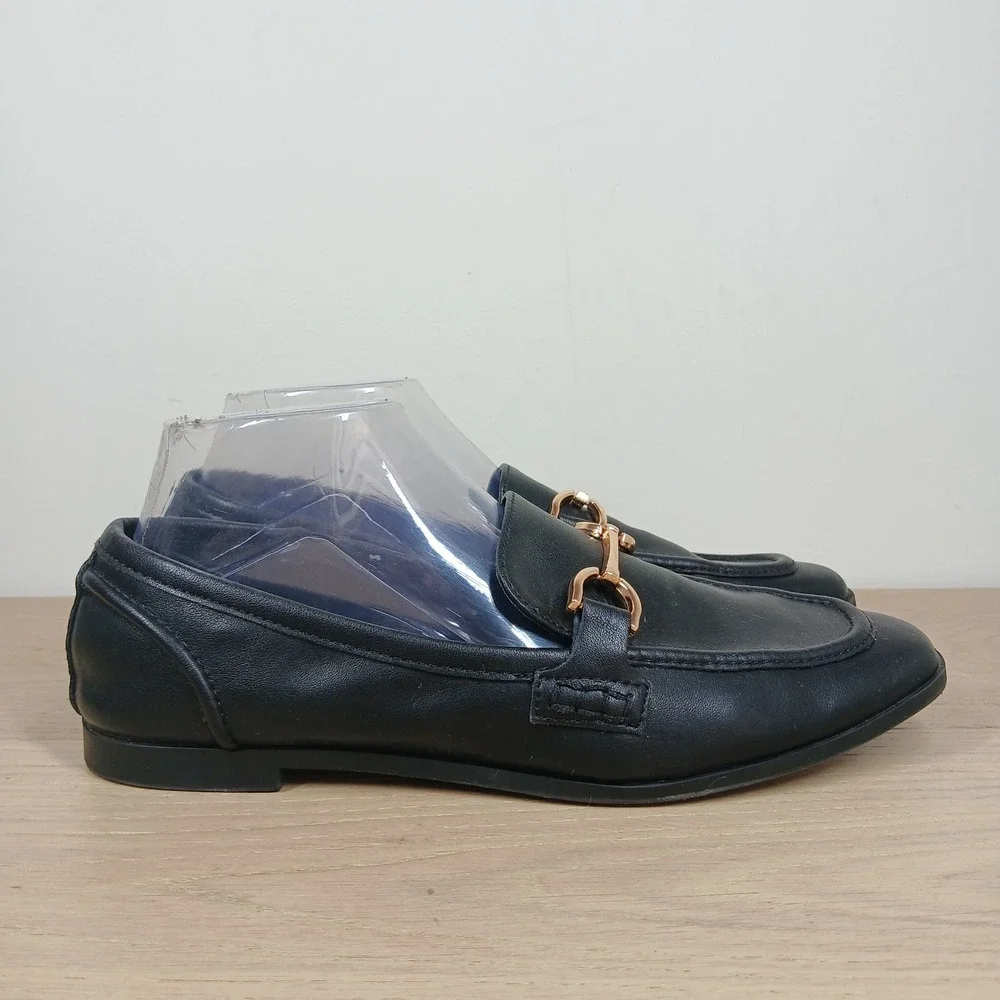Steve Madden Loafers Women 9 Carrine Black Leather Gold Horsebit Flat Shoes